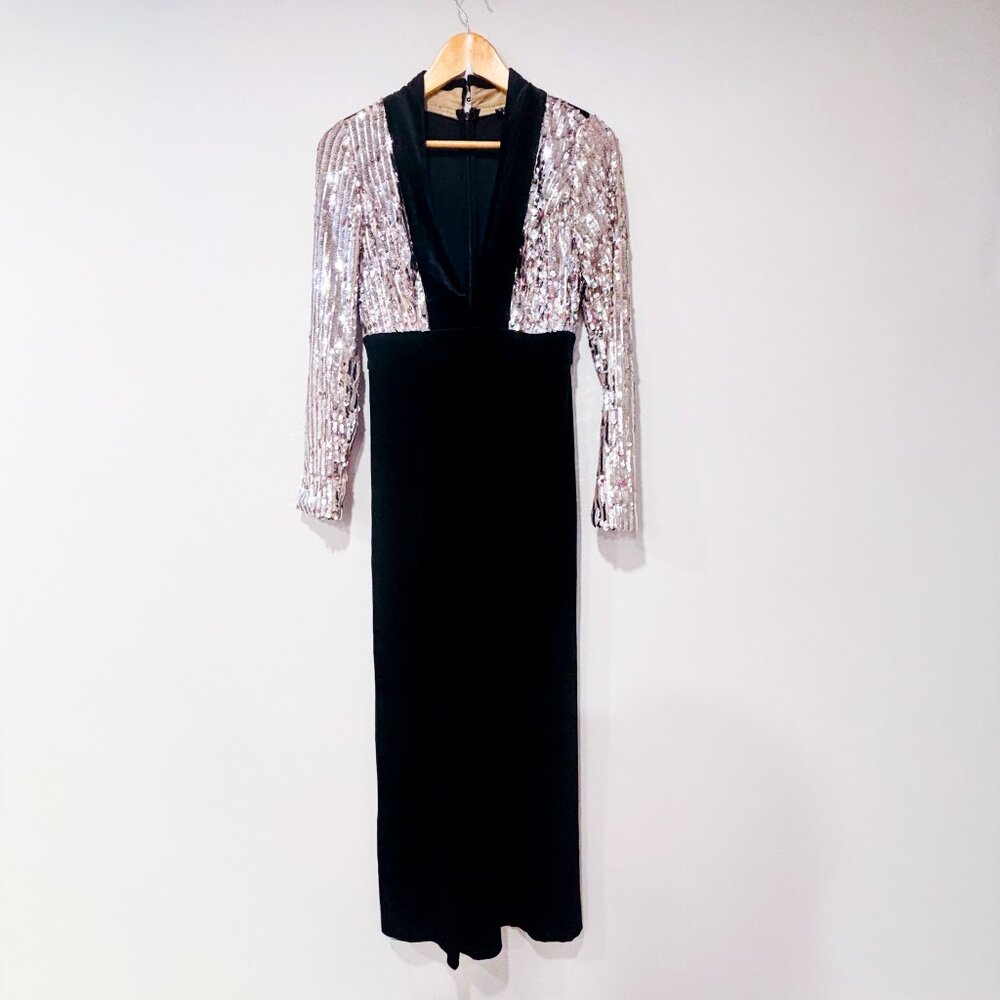 VENUS Black Gold Velvet‎ Sequin Jumpsuit Long Sleeve Evening | Small *